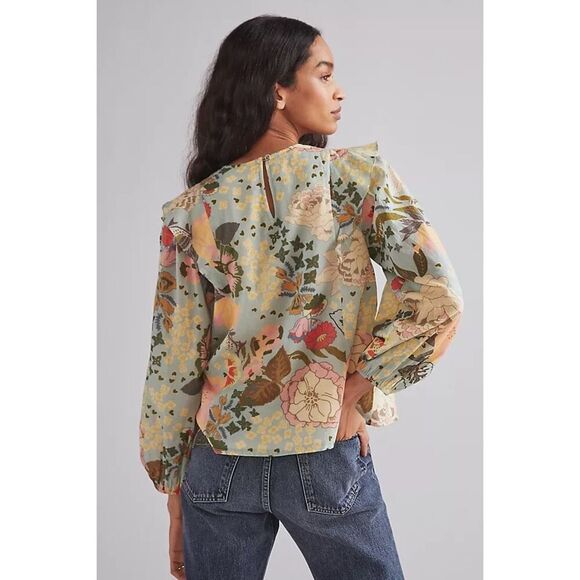 Anthropologie Carolina K Women’s Blue Large Floral Printed Pullover Blouse - Picture 4 of 14